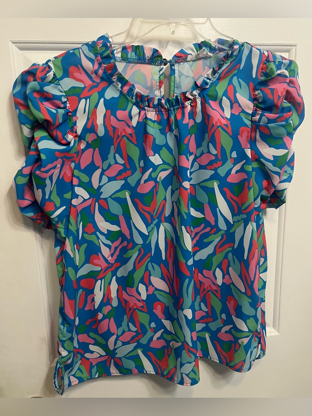 Mary Square Abstract Colorful Ruffle Neck Blouse Top Small NWT